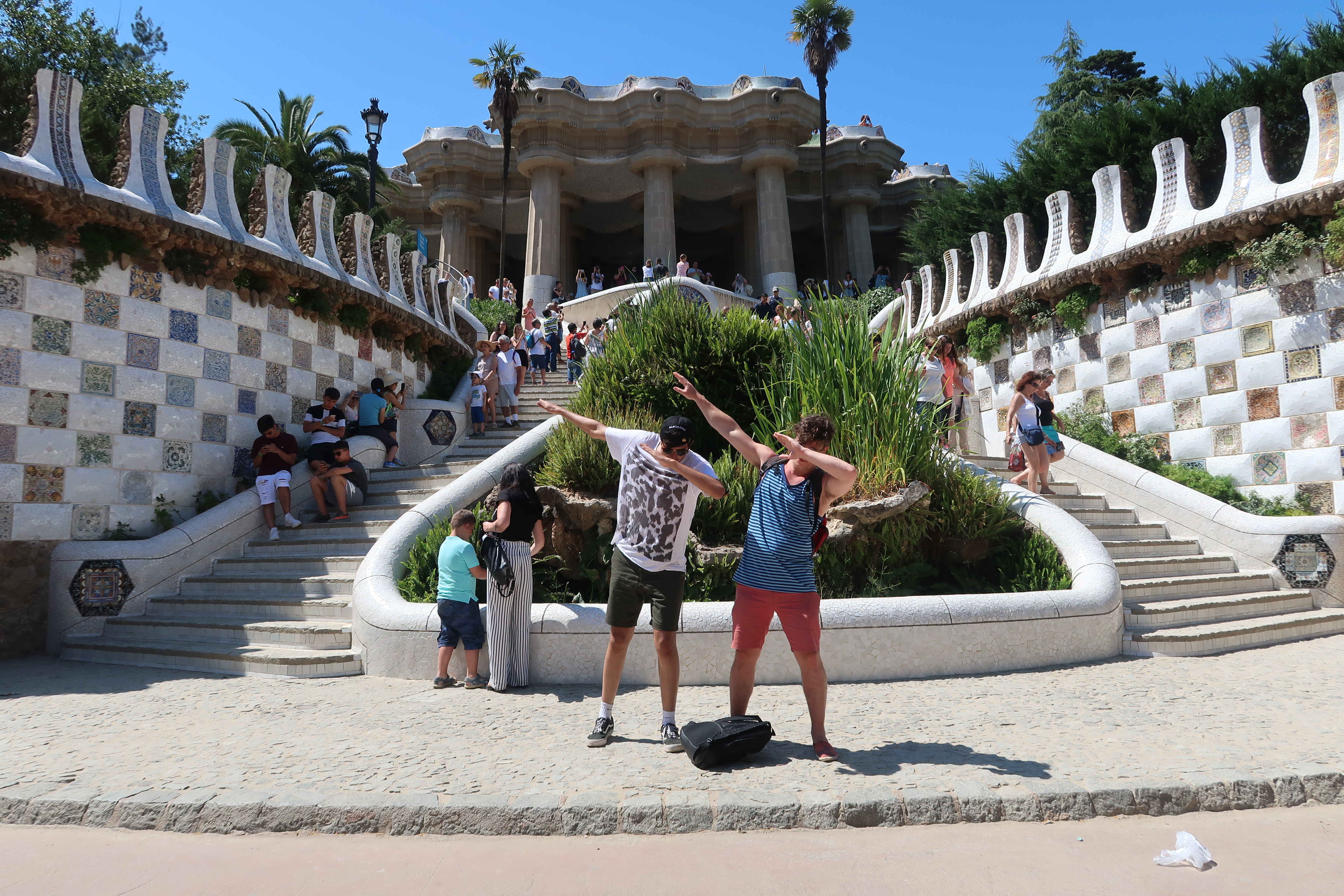 Friends dab in Parc Guell Barcelona