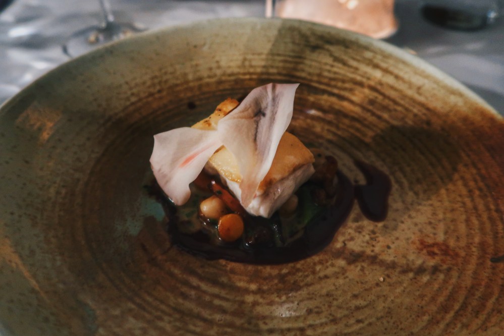 Pan seared cod with gladioli petal at The Elderflower restaurant, Lymington