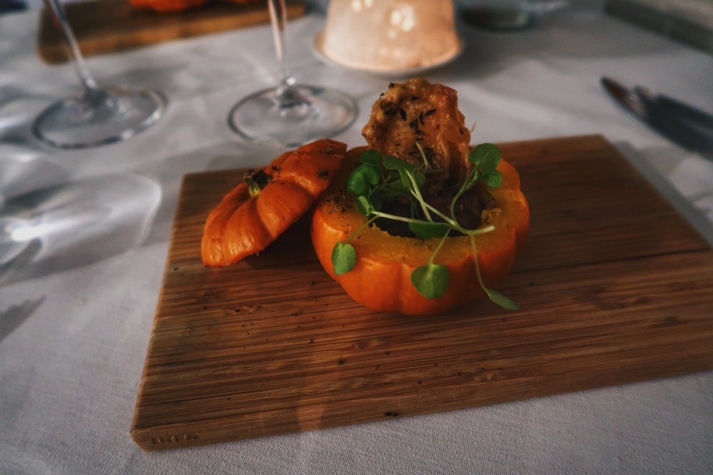 Roasted pumpkin and crispy chicken skin at The Elderflower restaurant, Lymington