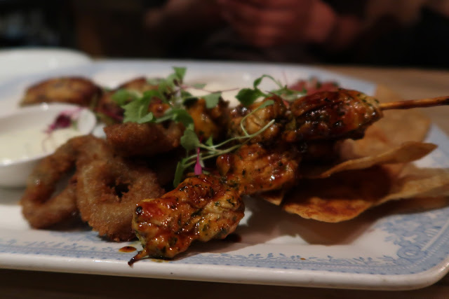 Calamari, chicken skewers, tortilla