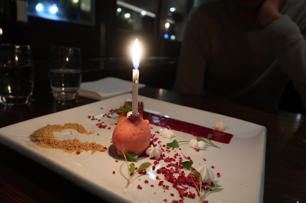 Lemon tart and raspberry sorbet at The Oxford Brasserie, Southampton