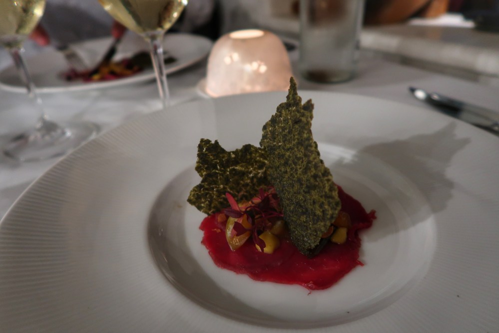Venison carpaccio with seaweed tulle at The Elderflower restaurant, Lymington
