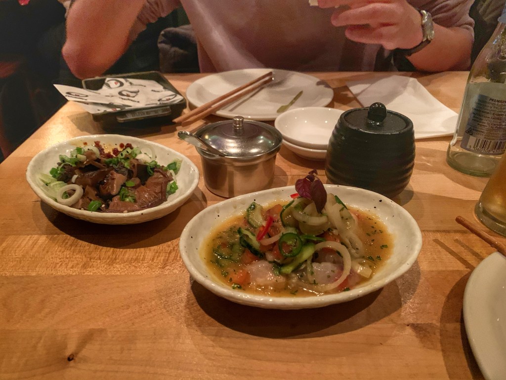 Pickled shiitake mushrooms and seabass ceviche at Shackfuyu, London